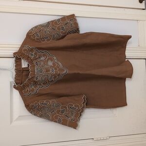 Sezane Brown Blouse with White Embroidery